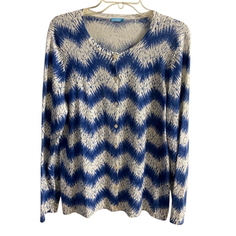 J. McLaughlin ikat chevron sweater cardigan blue white button front Large